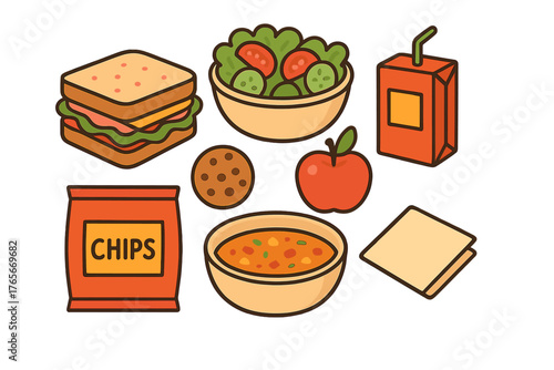 Collection of various lunch and snack items including sandwich, salad, soup, and fruit