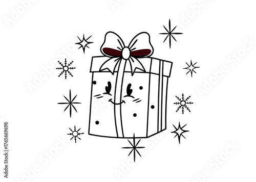 Cartoon gift box with smiling face and snowflakes