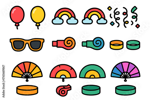 Vibrant assortment of celebration elements including balloons, rainbows, and sunglasses
