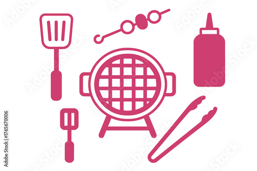 Barbecue and grilling tools featuring spatula, tongs, portable grill, skewer, and sauce bottle