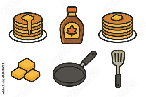 Pancakes, syrup, butter, frying pan, and spatula icons representing breakfast food and cooking utensils