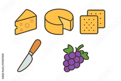 Classic charcuterie board elements including various cheeses, crackers, purple grapes, and a serving knife