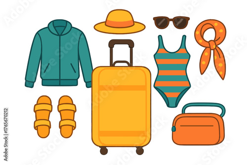 Essential items for summer vacation travel: suitcase, swimwear, jacket, hat, sunglasses, scarf, and sandals
