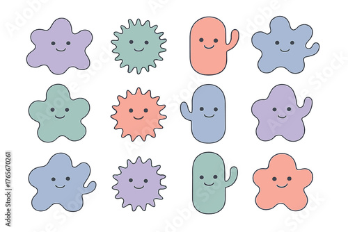 Twelve cute abstract cartoon characters with smiling faces in pastel colors