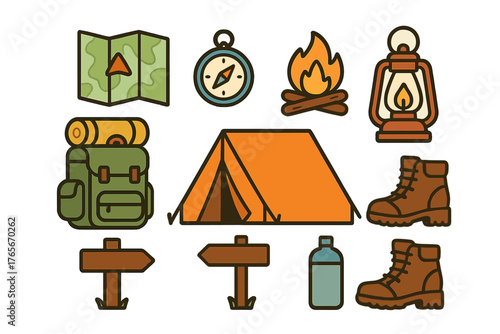 Collection of essential equipment for hiking and camping outdoor recreation