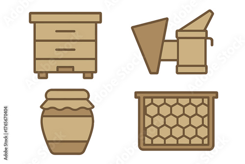 Essential beekeeping equipment set featuring beehive, smoker, honey jar, and honeycomb frame symbols