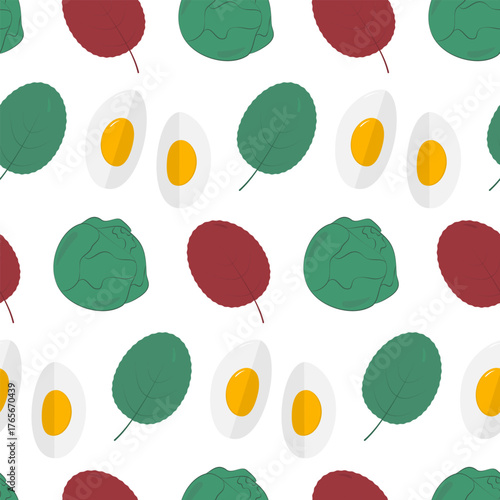 Halves Hard boiled Eggs Brussels Sprouts and Salad Leaves Seamless Pattern Healthy Eating Backdrop