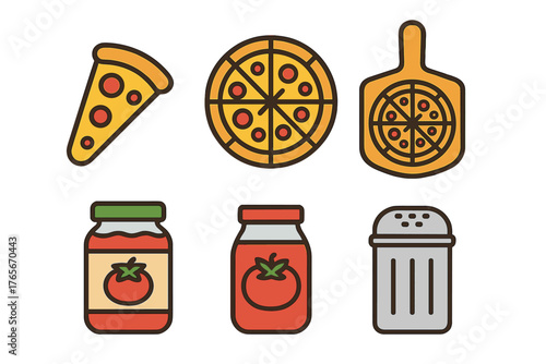 Set of stylized food icons featuring pizza, slice, tomato sauce, peel, and seasoning shaker