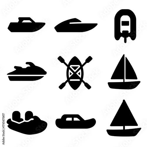 Watercraft silhouette icon set. featuring speedboat, jetski, kayak, sailboat, inflatable raft symbols