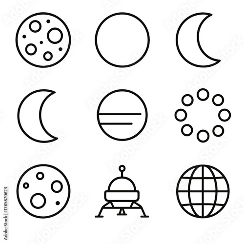 Space exploration linear icon set. featuring moon, crescent, planet, orbits, rover, and globe symbols