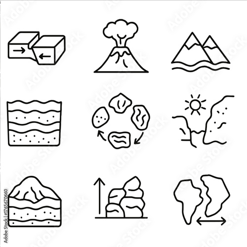 Geology linear icon set. featuring volcano, mountains, erosion, tectonics, and rock cycle symbols