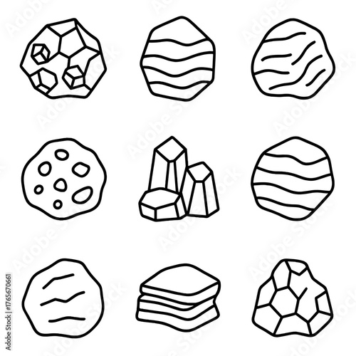 Geology and mineral linear icon set. featuring rock, gemstone, crystal, mineral, stone, and sediment symbols