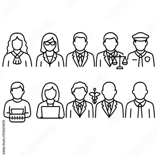 Legal profession linear icon set. featuring judge, lawyer, police officer, paralegal, attorney, clerk, justice