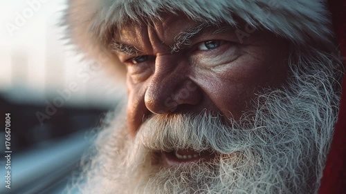 Closeup of Santa Claus with White Beard and Warm Hat Looking Thoughtfully in Natural Light