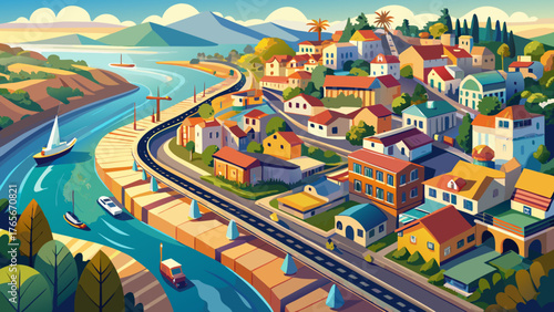 Very beautiful aerial panorama of Capitola, California, USA, capturing the river gently winding through the town, train tracks curving past charming homes, and the colorful coastal community illuminat