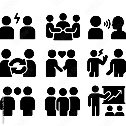 Business communication silhouette icon set. featuring meeting, speech, teamwork, handshake, and presentation symbols