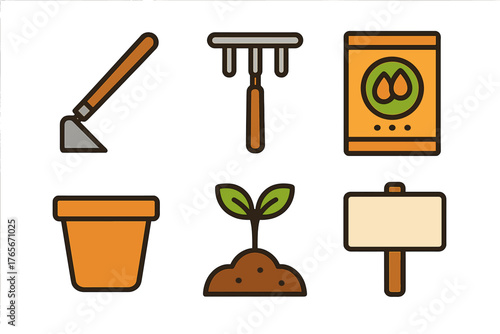 Essential gardening and planting tools including hoe, rake, seedling, and seed packet