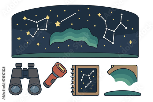 Night sky with constellations, aurora borealis, and astronomy observation equipment