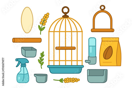 Essential supplies and equipment set for pet birds including cage and cleaning tools