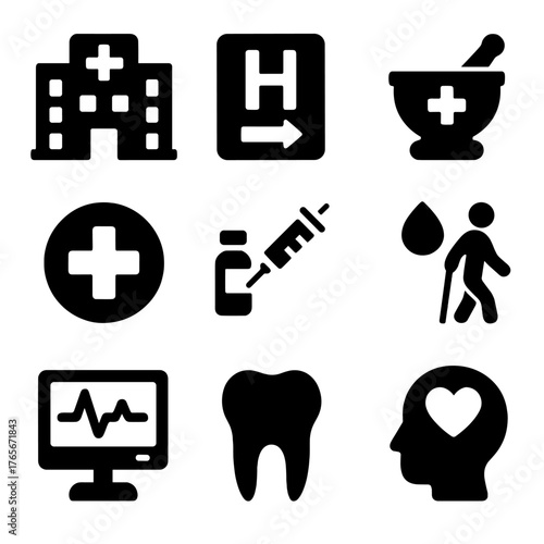 Healthcare silhouette icon set. featuring hospital, pharmacy, first aid, vaccine, diabetes, monitor, dental, mental health