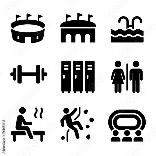 Sports facility silhouette icons set. featuring stadium, swimming pool, gym, lockers, restroom, sauna, climbing, and audience