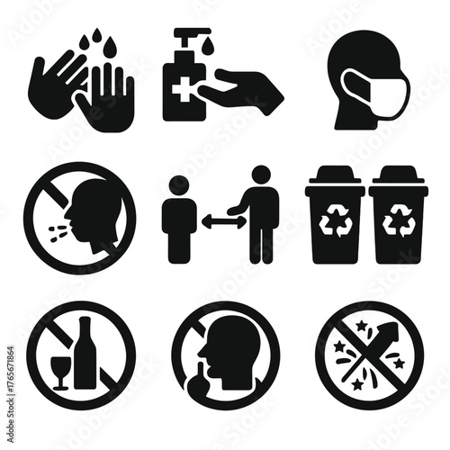 Health and safety silhouette icons set. featuring hygiene, sanitizer, mask, social distance, recycle, no drinking, no coughing