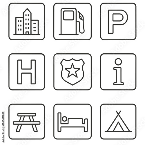 Travel and leisure linear icon set. featuring hotel, gas station, parking, hospital, police, information, picnic, accommodation, and camping symbols