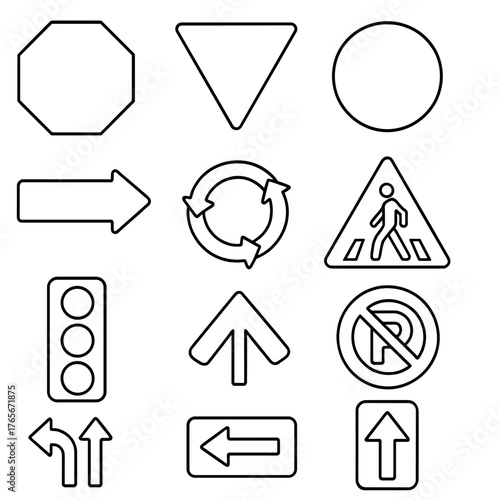 Traffic signs linear icon set. featuring stop, yield, circle, arrow, cycle, pedestrian, traffic light, no parking symbols