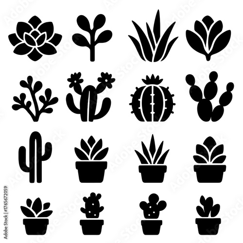 Gardening silhouette icon set. featuring succulent, cactus, flower, plant, aloe, pots, and foliage symbols.