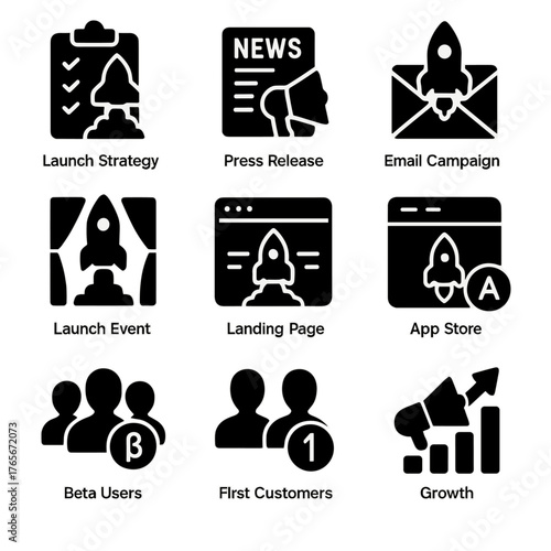 Start-up silhouette icon set. featuring launch strategy, press release, email campaign, launch event, landing page, app store, beta users, first customers, growth