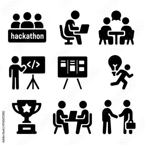 Hackathon silhouette icon set. featuring teamwork, coding, brainstorming, presentation, project, sprint, innovation, trophy, collaboration