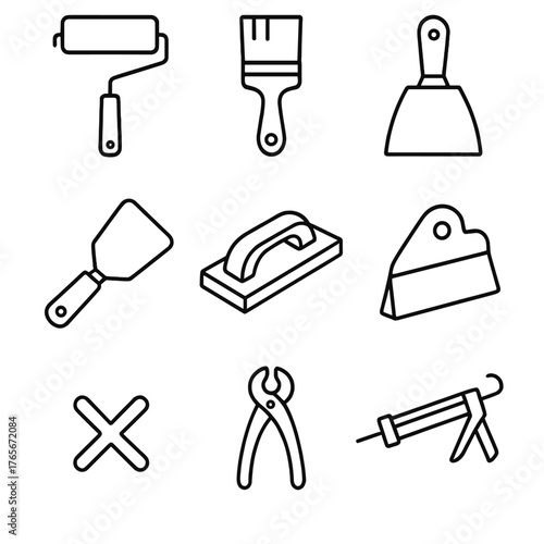 Construction tools linear icon set. featuring roller, brush, scraper, trowel, saw, pliers icons