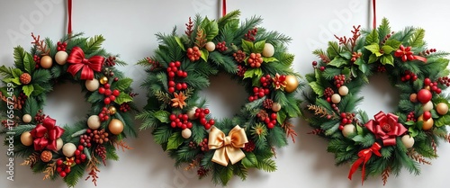 Elegant Christmas wreaths in various sizes and styles, adorned with natural elements and festive decorations, gold wreaths, conifer wreaths
