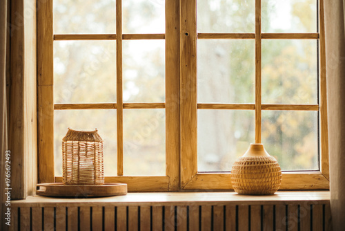 Close-up of a warm wooden window with decorative objects on the sill, offering a soft focus view of nature outside.