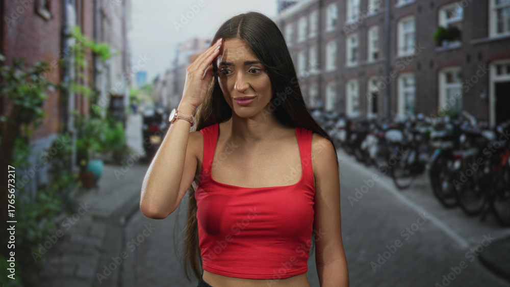 Fototapeta premium Young hispanic woman in red crop top holding hand to temple and frowning with headache while standing on a narrow city street lined with parked bicycles; discomfort.