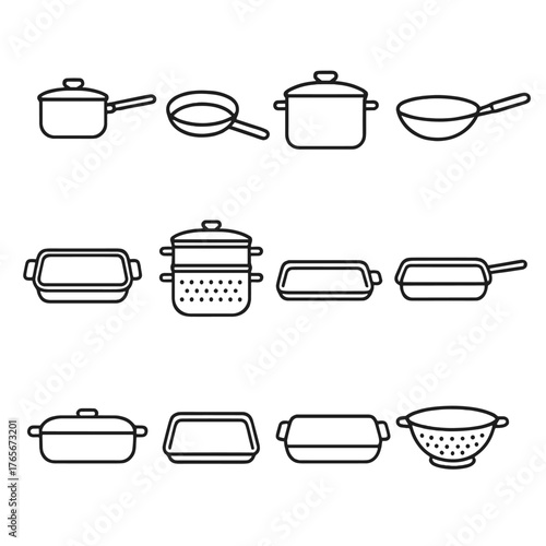 Kitchenware linear icon set. featuring saucepan, frying pan, pot, wok, grill, steamer, and colander symbols