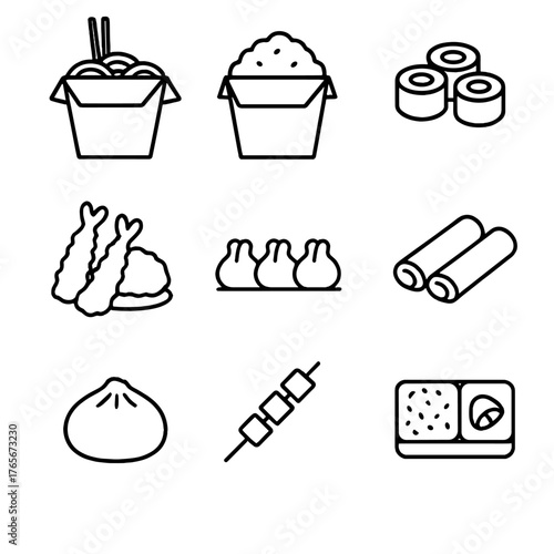Asian food linear icon set. featuring noodles, rice, sushi, dumpling, tempura, spring rolls, skewers