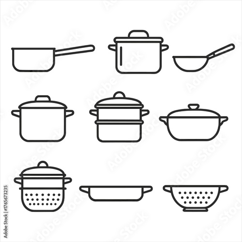 Cooking utensils linear icon set. featuring saucepan, stockpot, ladle, steamer, casserole, colander, dish