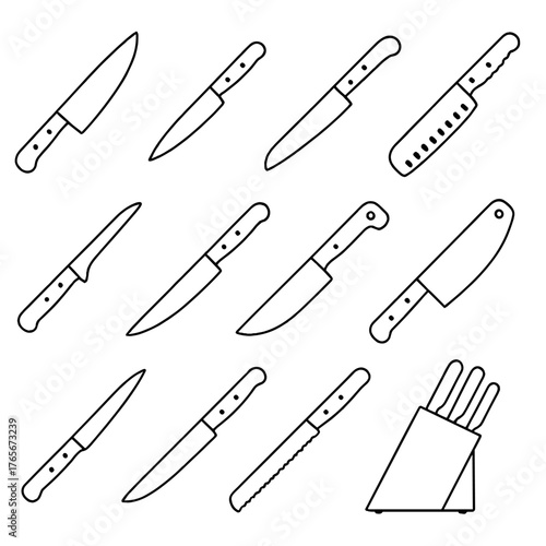 Kitchen tools linear icons set. featuring chef, paring, boning, bread, cleaver, carving, knife block symbols
