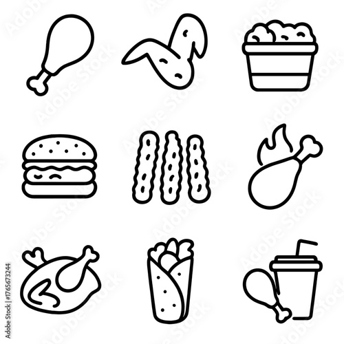 Fast food linear icon set. featuring drumstick, wings, bucket, burger, fries, spicy, roast, wrap, drink