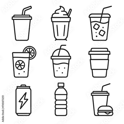 Beverage linear icon set. featuring soda, milkshake, iced tea, lemonade, slushie, coffee, energy drink, water bottle symbols