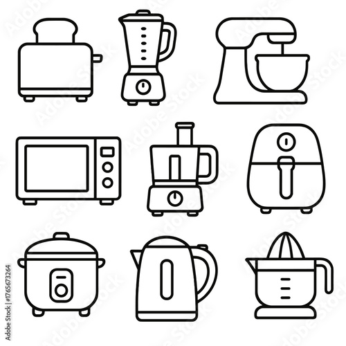 Kitchen appliances linear icon set. featuring toaster, blender, mixer, microwave, processor, air fryer, cooker, kettle, juicer