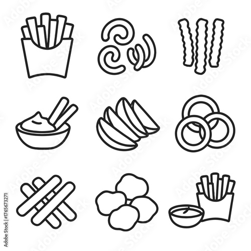Snack foods linear icon set. featuring fries, chips, onion rings, pretzels, and nachos symbols
