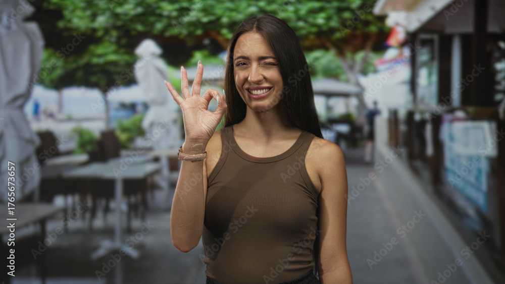 Fototapeta premium Woman making ok sign with right hand and winking on street terrace of a restaurant with wristwatch visible; approval casual.
