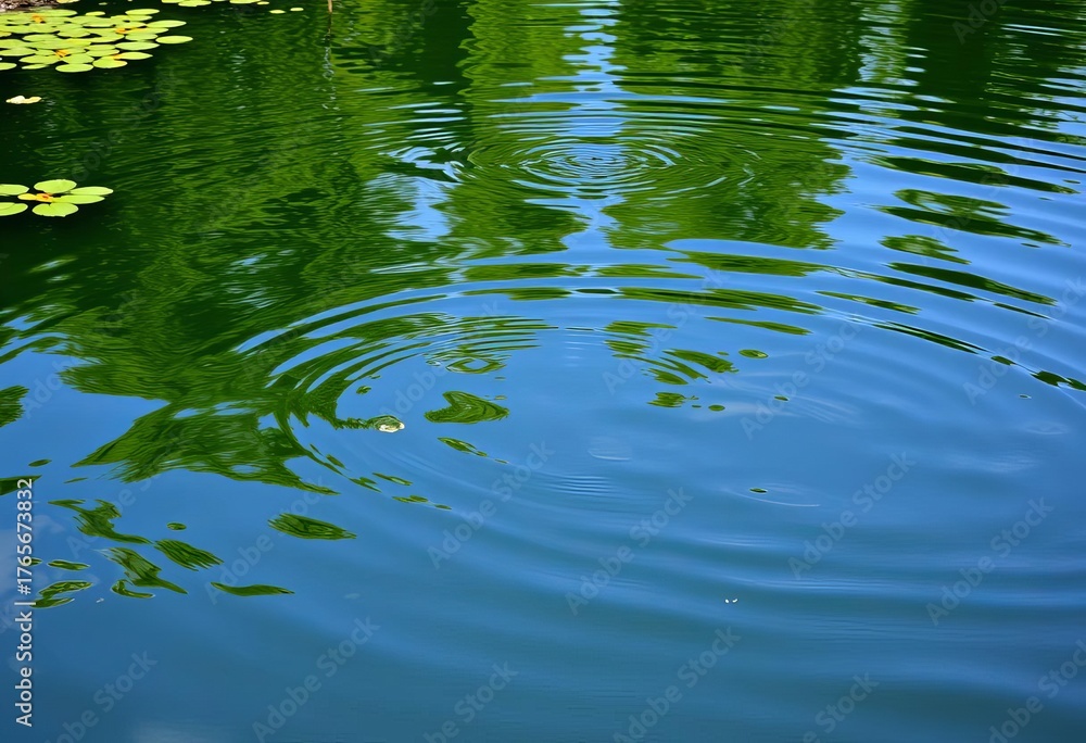 Obraz premium Calm water surface, ripples, reflections, lush green pond vegetation, aquatic plants, artwork