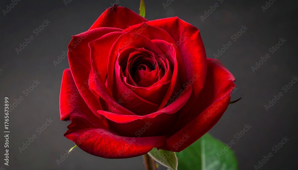 Fototapeta premium Close-up of a red rose in full bloom against a blurred, dark background. Focused petals show soft textures