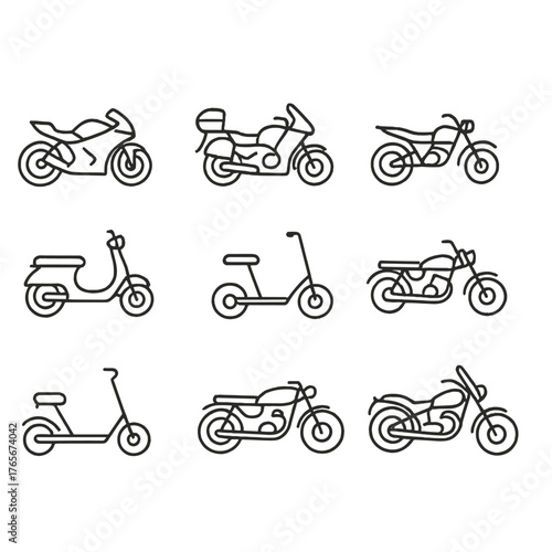 Motorcycle linear icon set. featuring sport bike, touring, dirt bike, scooter, and chopper symbols