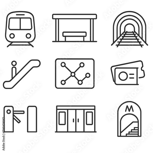 Transportation linear icon set. featuring train, bus stop, tunnel, escalator, map, ticket, turnstile, doors, metro