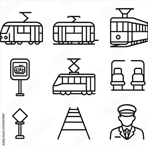 Transport linear icon set. featuring train, tram, railway, tracks, railway-sign, seats, conductor symbols