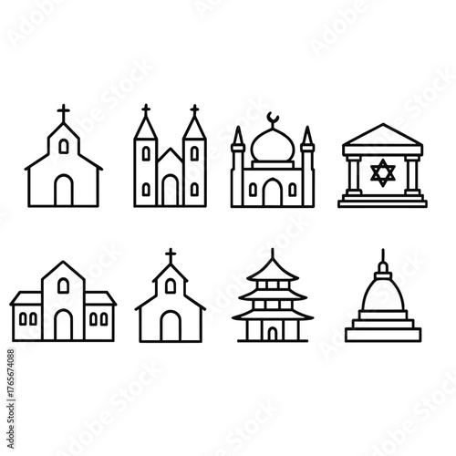 Religious buildings linear icon set. featuring church, mosque, synagogue, pagoda, and temple symbols
